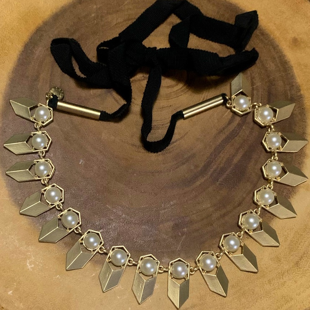 J. Crew Jewelry Gold Stone Statement Bib Necklace Spiky White Pearl Black Ribbon